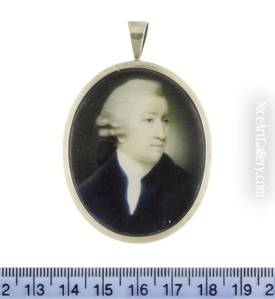 A Gentleman, Wearing Blue Coat, White Chemise And Stock, His Powdered Wig Worn En Queue And Tied With A Black Ribbon Bow Oil Painting by Ozias Humphry