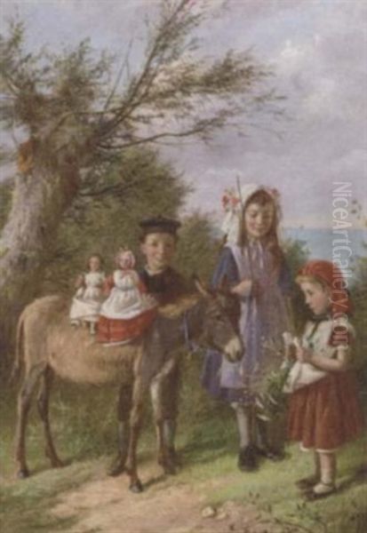 Dollies On A Donkey Oil Painting by Charles, Hunt Jnr.