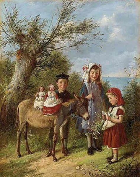 Dollies On A Donkey Oil Painting by Charles, Hunt Jnr.