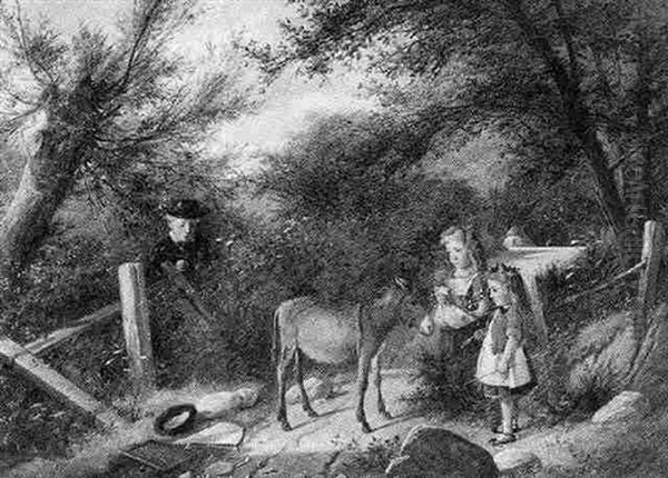 A Pet Donkey Oil Painting by Charles, Hunt Jnr.