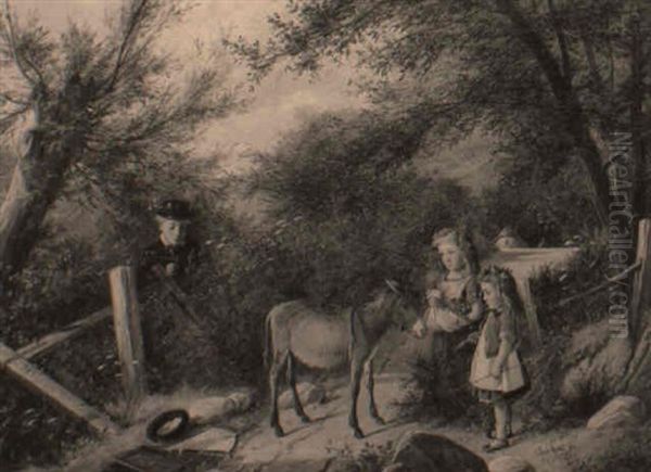 Children Gathering Flowers And Playing On A Country Path With Donkey Oil Painting by Charles, Hunt Jnr.