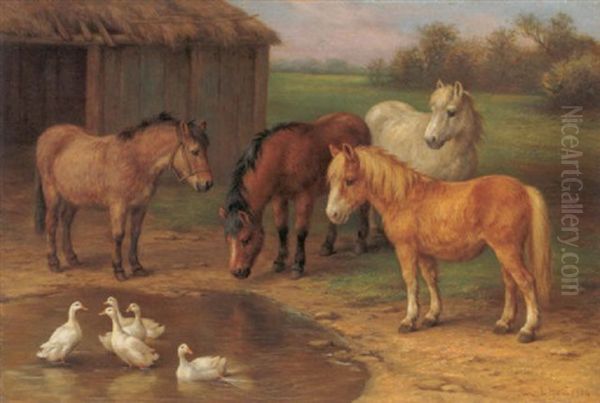 Ponies And Geese At A Pond Oil Painting by Edgar Hunt