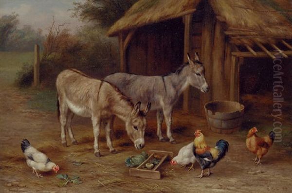 Donkeys, A Cockerel And Chickens By A Stable Oil Painting by Edgar Hunt