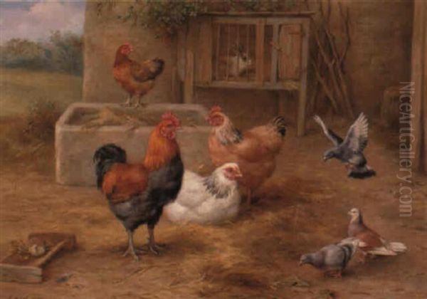 Chickens, Pigeons And A Rabbit In A Farmyard Oil Painting by Edgar Hunt