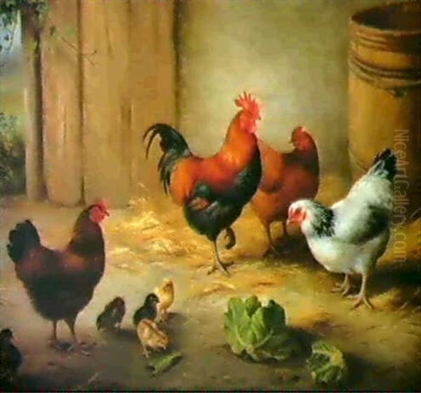 Chickens In A Stable Oil Painting by Edgar Hunt