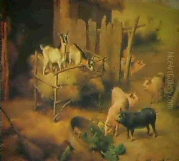 Piglets And Kids In The Farmyard Oil Painting by Edgar Hunt