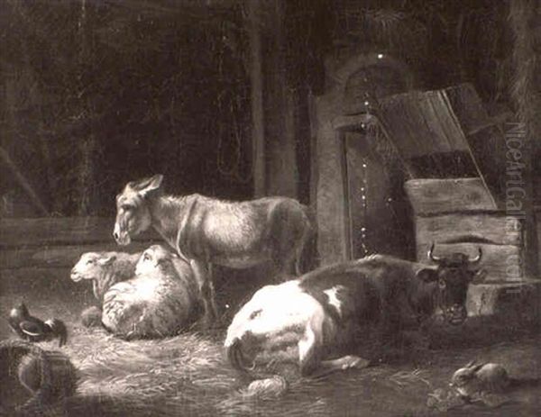 Farm Animals In A Barn Oil Painting by Edgar Hunt