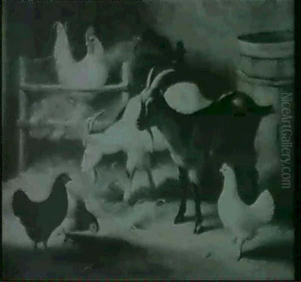Goats, A Cockerell And Chickens In A Barn Oil Painting by Edgar Hunt