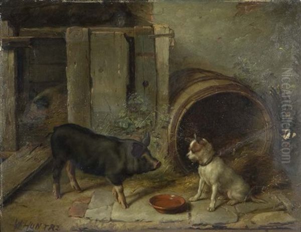 A Piggy And A Doggy Oil Painting by Walter Hunt