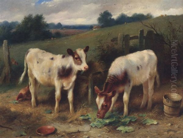 Calves At Feeding Time Oil Painting by Walter Hunt