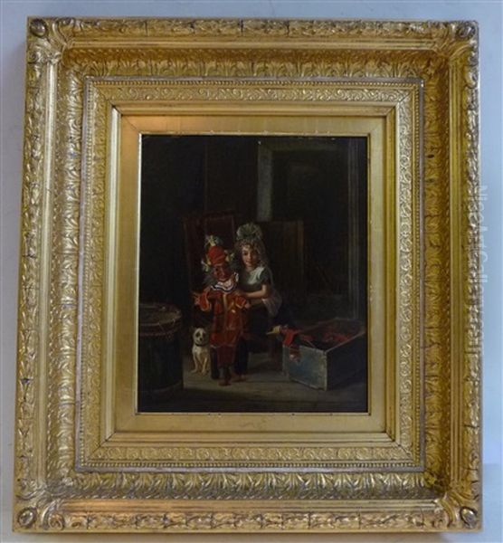 The Box Of Puppets - A Young Girl And Her Terrier Playing With Puppets Oil Painting by Charles Hunt