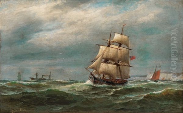Ships Off The Cliffs Of Dover Oil Painting by Franz Johann (Wilhelm) Huenten