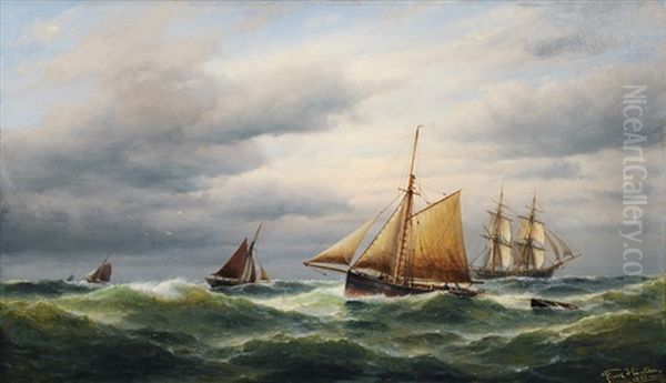 Cutter And Tall Ship On Open Sea Oil Painting by Franz Johann (Wilhelm) Huenten