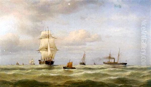 Shipping Off The Coast Oil Painting by Franz Johann (Wilhelm) Huenten
