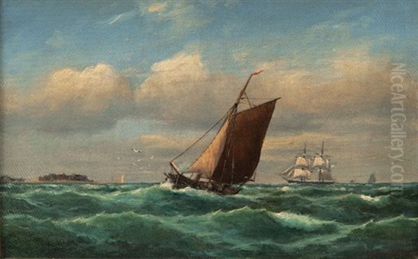 Sailing Ships Off Heligoland Oil Painting by Richard Hunten