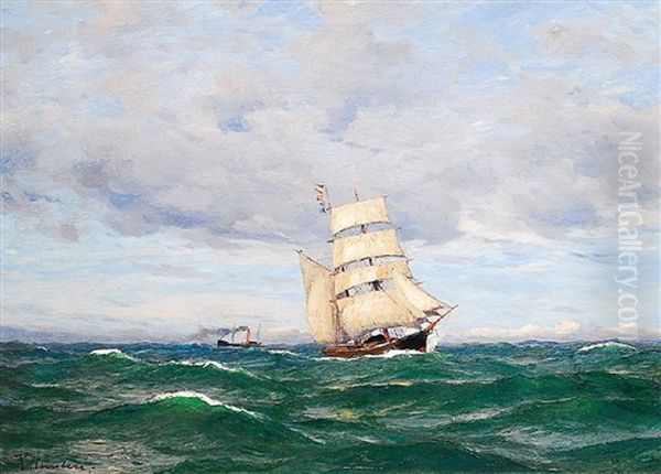 Schonerbrigg Und Dampfer Bei Ruhiger See Oil Painting by Richard Hunten