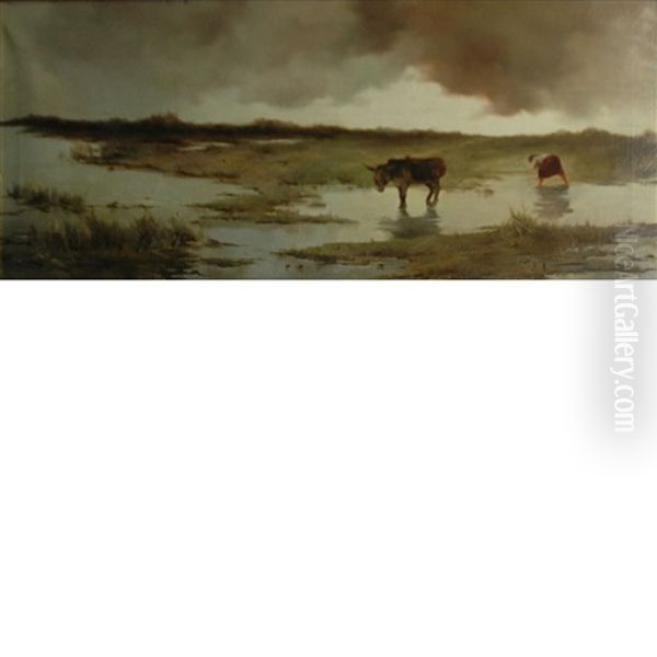 Donkey In A Marsh Landscape Oil Painting by Colin Hunter