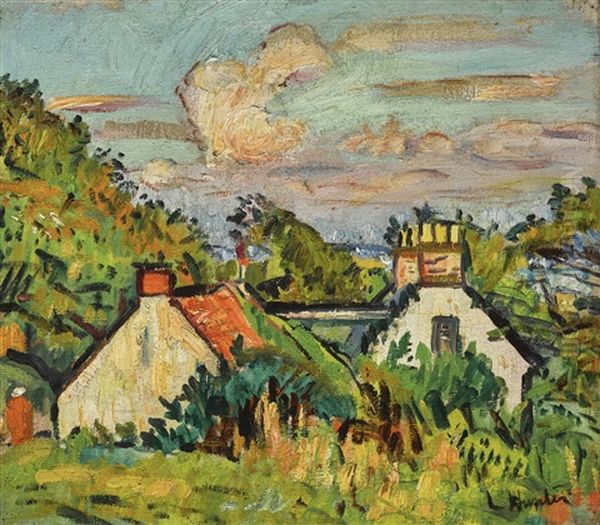 Cottages And Landscape, Fife Oil Painting by George Leslie Hunter