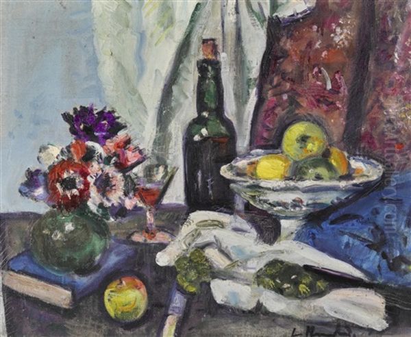 Still Life With Fruit, Anemones And Bottle Oil Painting by George Leslie Hunter