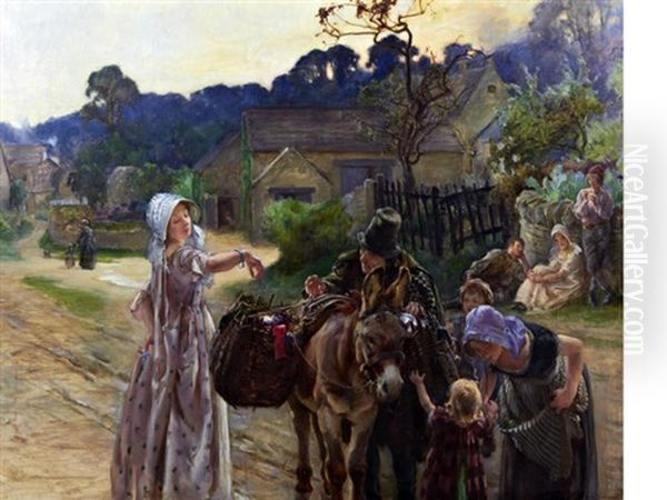 A Peddler Selling Ribbons From A Donkey In A Village Oil Painting by John Young Hunter