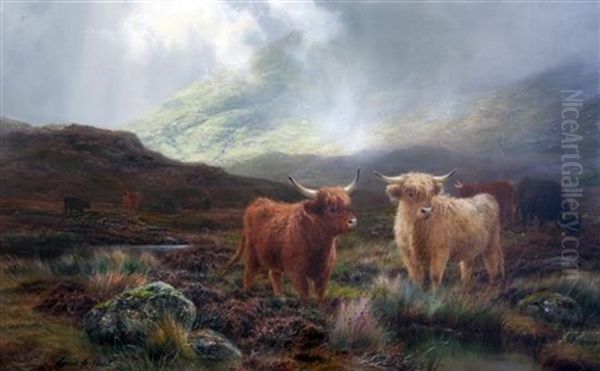 Highland Cattle In A Valley Oil Painting by Louis Bosworth Hurt