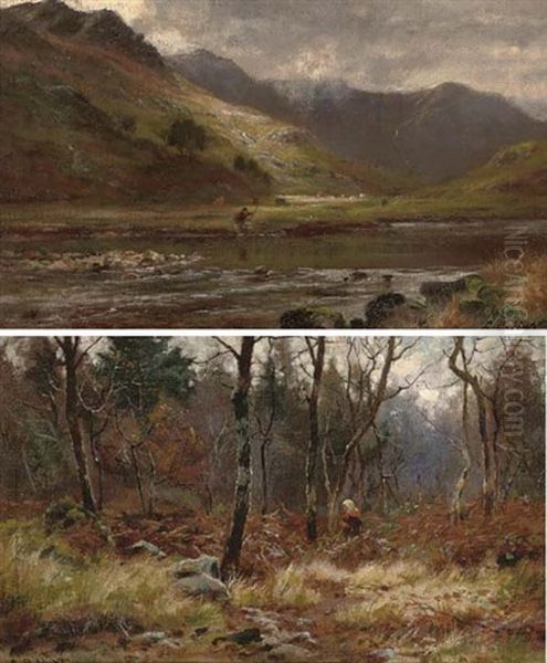 An Angler In Glen Shiel, Ross-shire (+ The End Of The Year, In The Woods Bettys-y-coed; Pair) Oil Painting by Louis Bosworth Hurt
