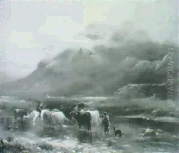 A Highland Landscape With Drovers And Cattle At A Ford Oil Painting by Louis Bosworth Hurt