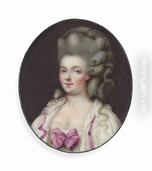 A Young Lady, In White Shift With Lilac Ribbons And Bow At Corsage, Her Upswept Powdered Hair Dressed In Ringlets Oil Painting by Johann Heinrich von Hurter