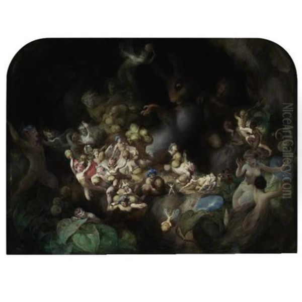 Titania's Elves Robbing The Squirrel's Nest - Midsummer Night's Dream Oil Painting by Robert (Huskisson) Huskinson