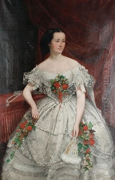 A Portrait Of A Woman In A Lace Ballgown Applied With Flowers Oil Painting by Joseph Hussenot