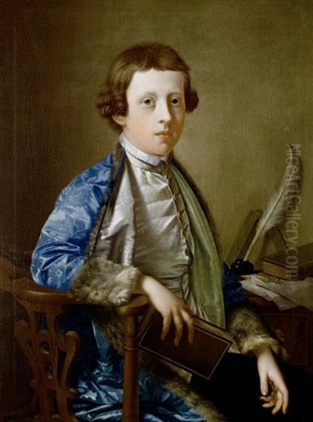 Portrait Of A Boy (john Wolffe) In A Blue Brocade Fur-trimmed Coat, Seated At A Table Holding A Book Oil Painting by Giles Hussey