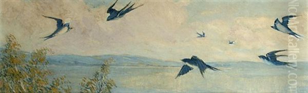 Swallows In Flight Oil Painting by Frederick William Hutchison