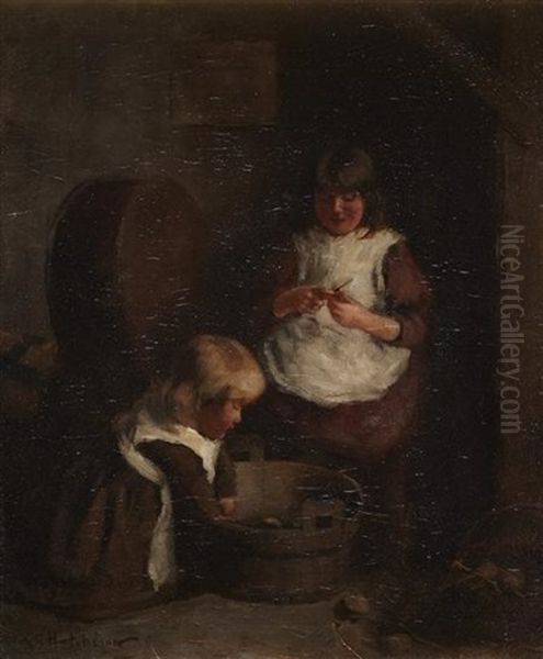 Peeling Tatties Oil Painting by Robert Gemmell Hutchison