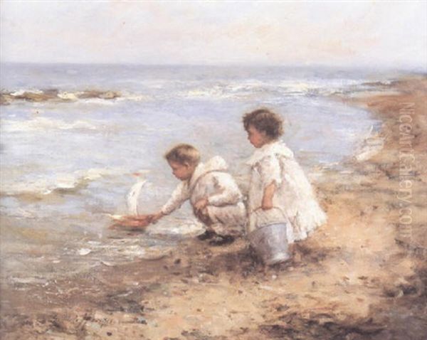 Sailing The Toy-boat, Carnoustie Oil Painting by Robert Gemmell Hutchison