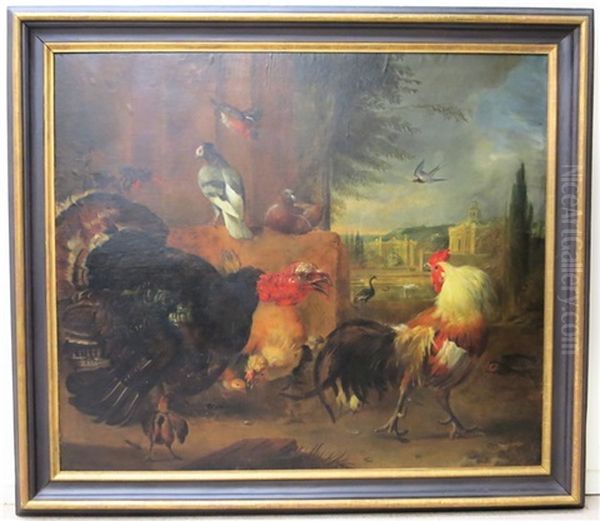 Avian Scene With Chickens, Turkey, Doves, Etc. With Palace And Fountain In The Background Oil Painting by Erni von Huettenbrenner