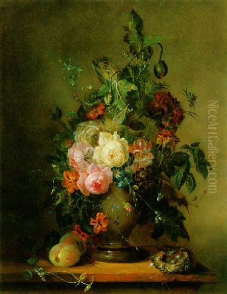 Roses, Morning Glory, Poppies And Tulips With Peaches And A Bird's Nest On A Wooden Ledge Oil Painting by Francois Joseph Huygens