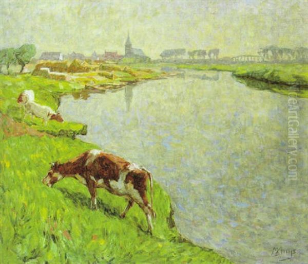 De Leie Te Ousselghem Oil Painting by Modest Huys