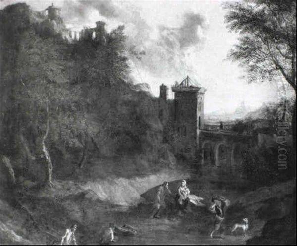 Mountainous Landscape With Figures Near A Bridge In A River Valley Oil Painting by Cornelis Huysmans