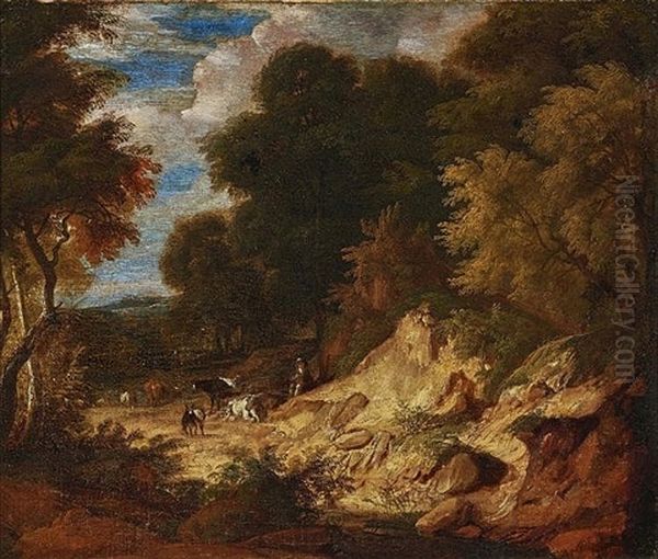 Tree Landscape With Shepherds Oil Painting by Jan Baptist Huysmans