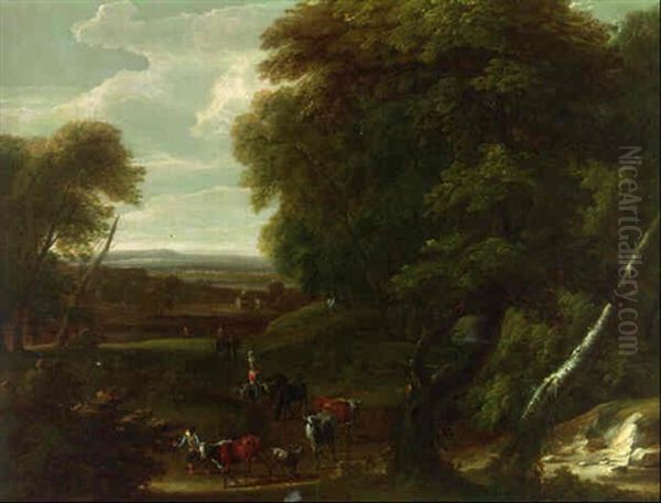 A Wooded Landscape With Drovers On A Track Oil Painting by Jan Baptiste Huysmans