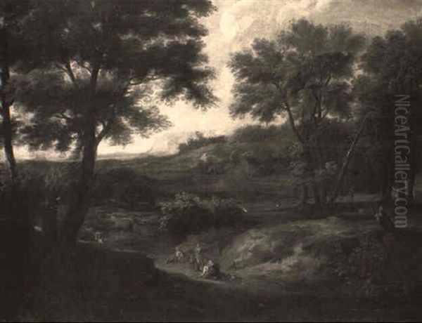 An Extensive Landscape With Nymphs And A Shepherd On A Path Oil Painting by Jan Baptiste Huysmans