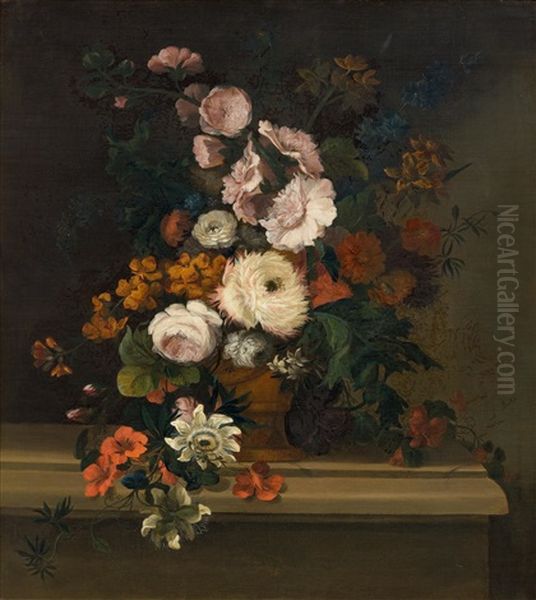 Still-life With Flowers In A Vase On A Stone Plinth Oil Painting by Justus van Huysum