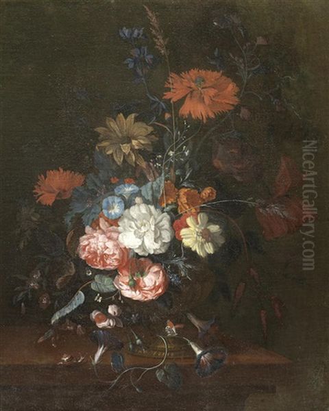 Roses, Morning Glory, Poppies And Other Flowers In A Terracotta Urn Oil Painting by Justus van Huysum