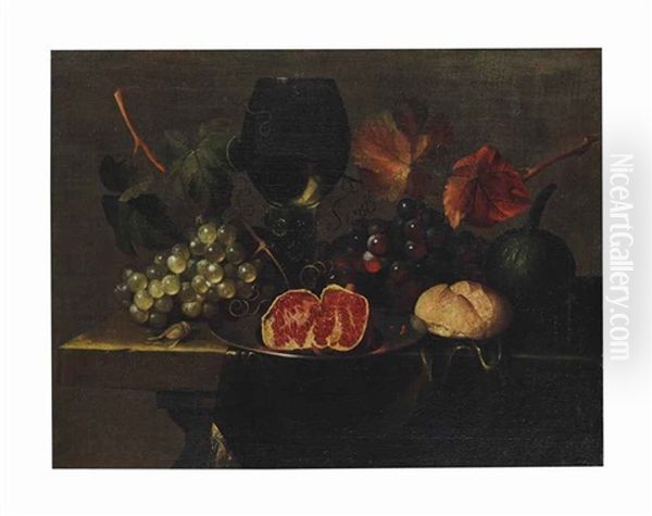 A Roemer, Grapes, A Gourd, Bread And A Pomegranate On A Pewter Plate On A Draped Table Oil Painting by Justus van Huysum