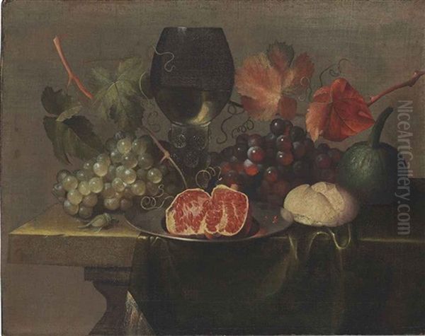 A Roemer, Grapes, A Gourd, Bread And A Pomegranate On A Pewter Plate On A Draped Table Oil Painting by Justus van Huysum