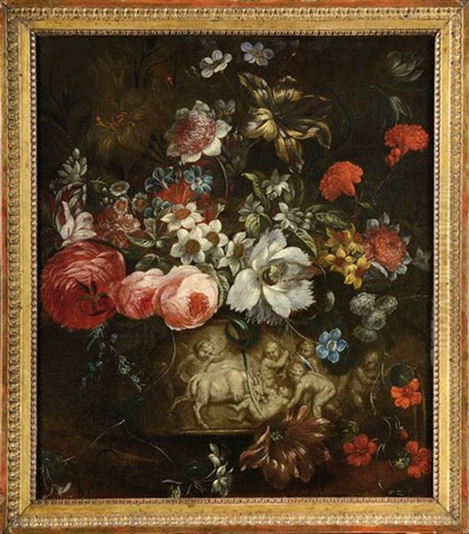 Vase De Fleurs Sur Un Entablement Oil Painting by Justus van Huysum