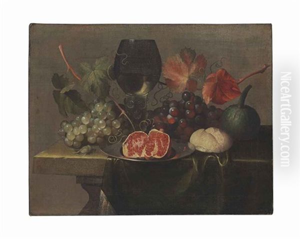 A Roemer, Grapes, A Gourd, Bread And A Pomegrante On A Pewter Plate On A Draped Table Oil Painting by Justus van Huysum
