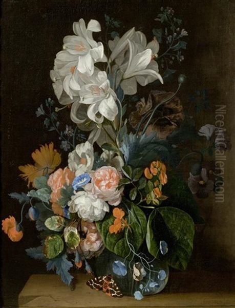 Blumenstillleben Mit Lilien, Rosen Und Nelken In Einer Glasvase Auf Einer Steinplatte Mit Einem Schmetterling Oil Painting by Justus van Huysum