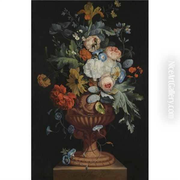 A Still Life Of Roses, Carnations, Daisies, And Irises In A Sculpted Urn Over A Stone Ledge Oil Painting by Justus van Huysum