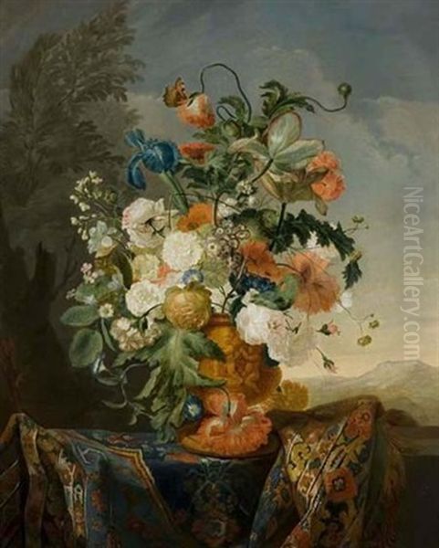 Still Life With Flowers And An Oriental Rug Before A Country Landscape Oil Painting by Justus van Huysum
